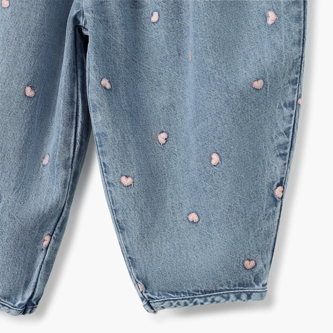 Juniors All-Over Heart Embroidered Denim Pants with Elasticated Waistband