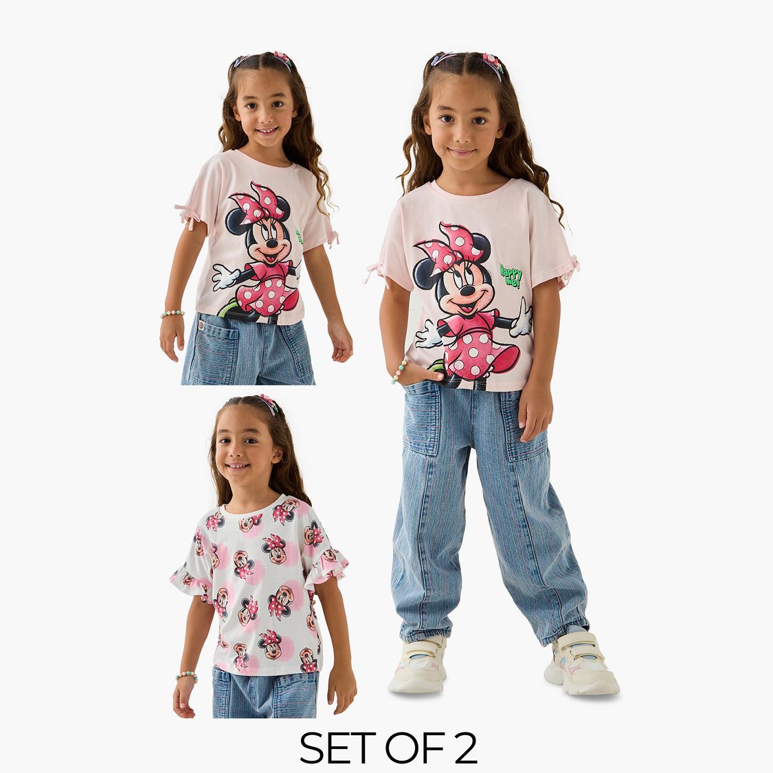 Juniors Minnie Mouse Print T-shirt with Round Neck - Set of 2