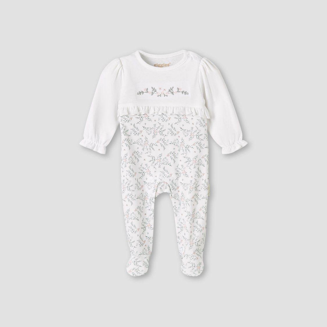 Giggles Floral Embroidered Long Sleeves Sleepsuit