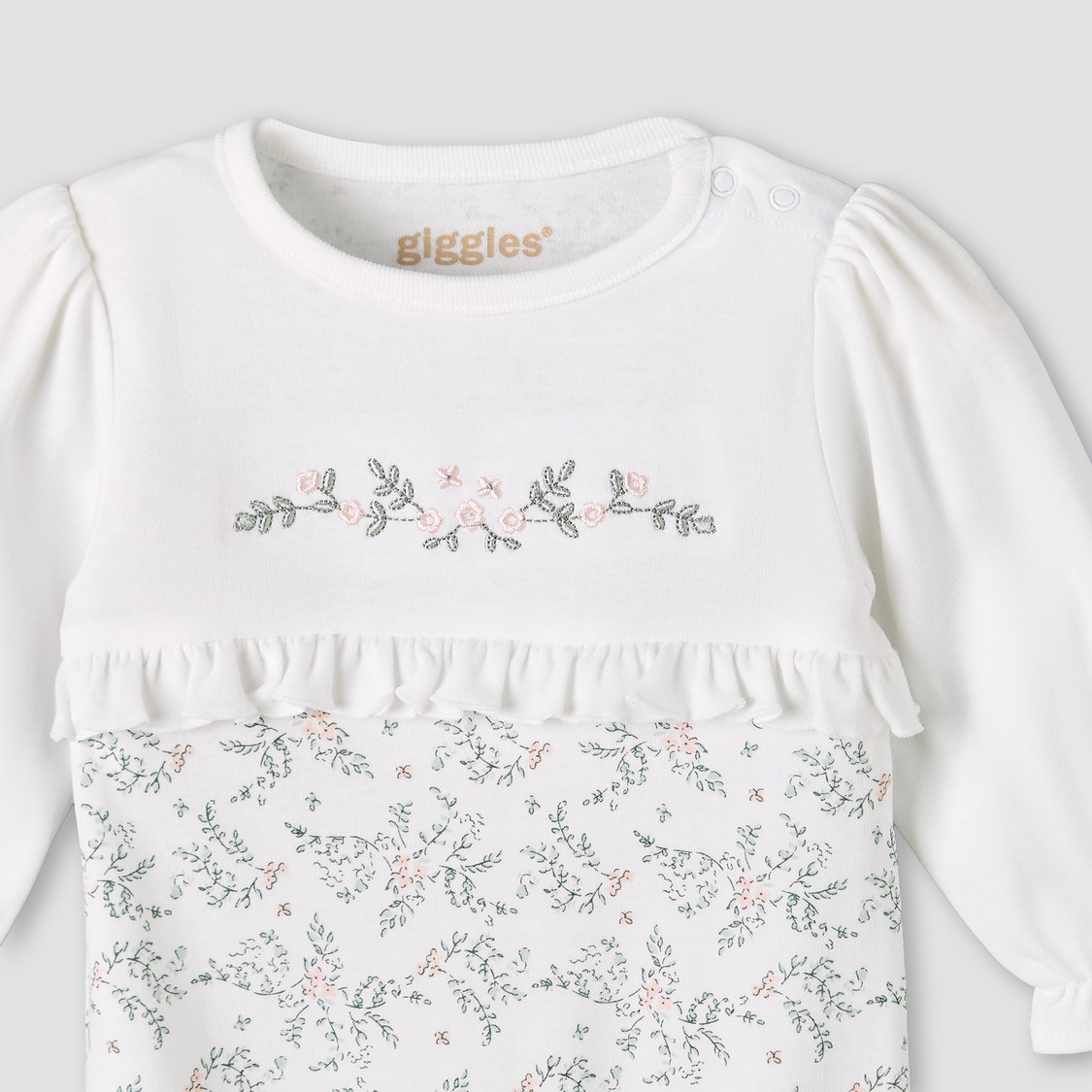 Giggles Floral Embroidered Long Sleeves Sleepsuit