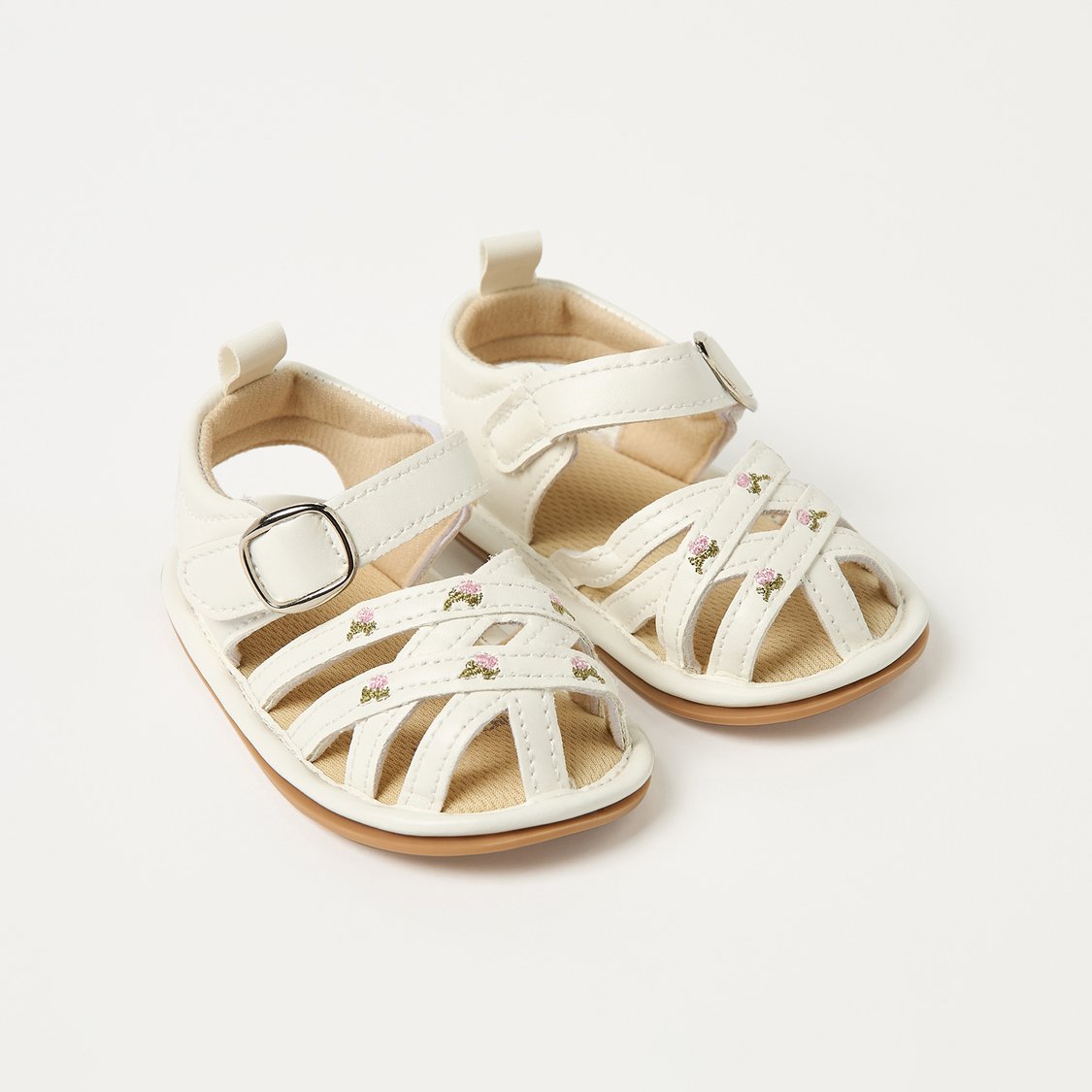 Juniors Floral Embroidered Sandals with Hook and Loop Closure