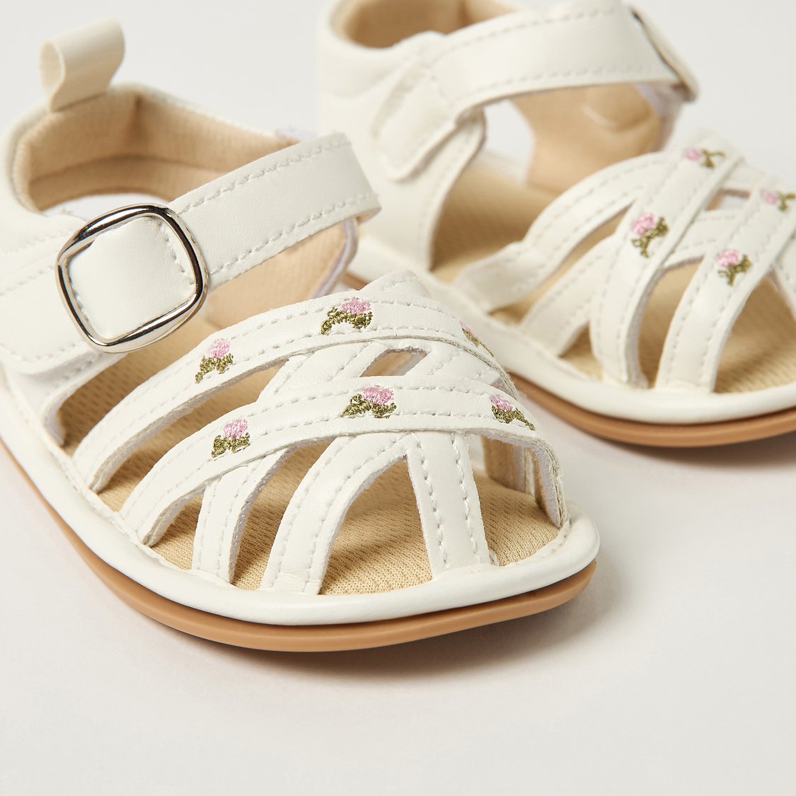 Juniors Floral Embroidered Sandals with Hook and Loop Closure