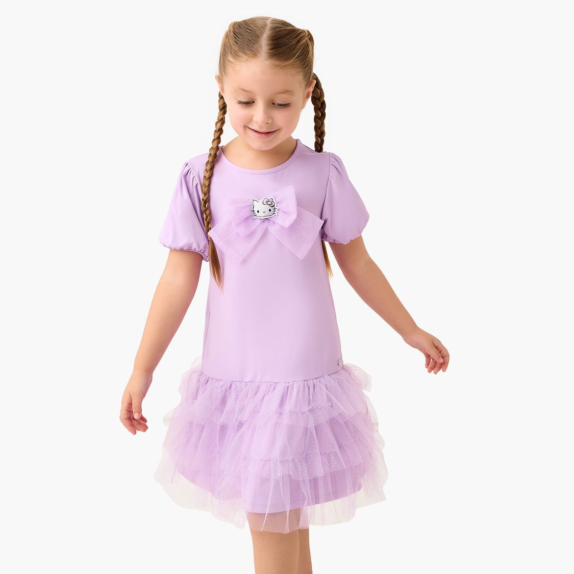 Juniors Hello Kitty Ruffle Detail Dress with Round Neck and Short Sleeves