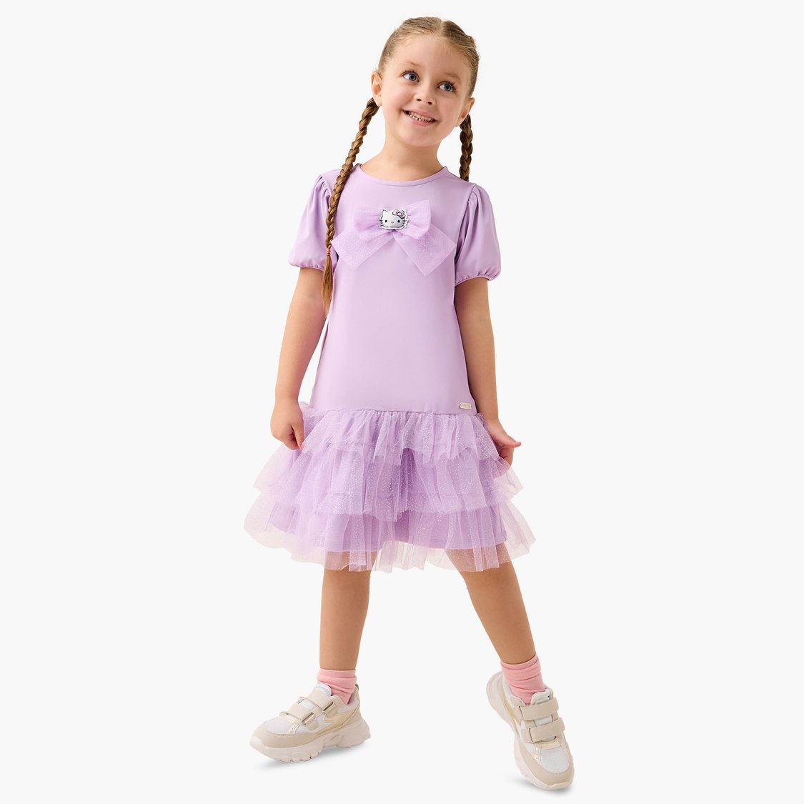 Juniors Hello Kitty Ruffle Detail Dress with Round Neck and Short Sleeves