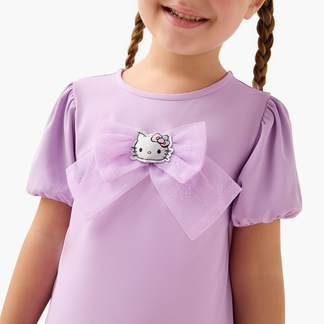 Juniors Hello Kitty Ruffle Detail Dress with Round Neck and Short Sleeves