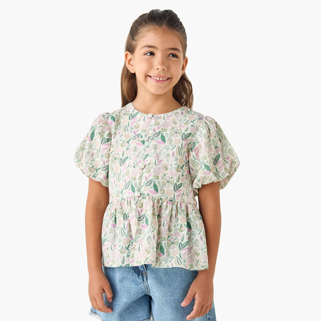 Juniors Floral Print Peplum Top with Round Neck