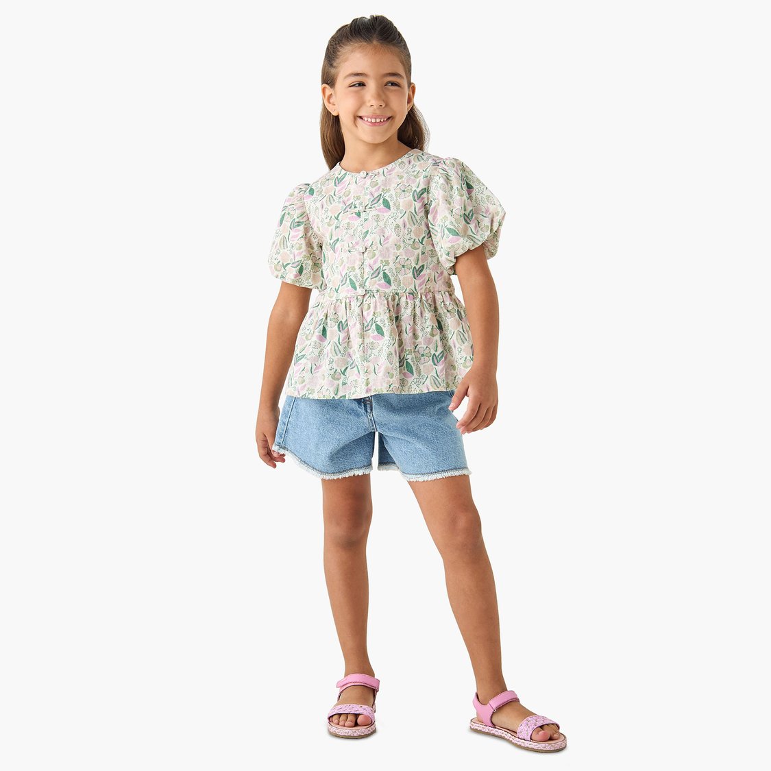Juniors Floral Print Peplum Top with Round Neck
