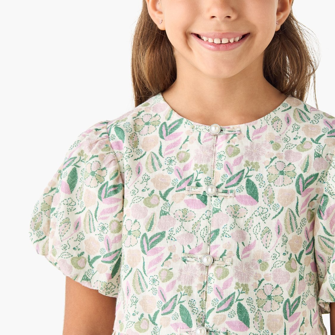 Juniors Floral Print Peplum Top with Round Neck