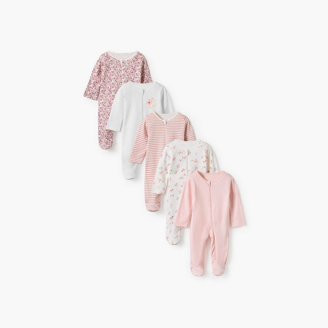 Juniors Floral Print Sleepsuit with Zip Closure - Set of 5