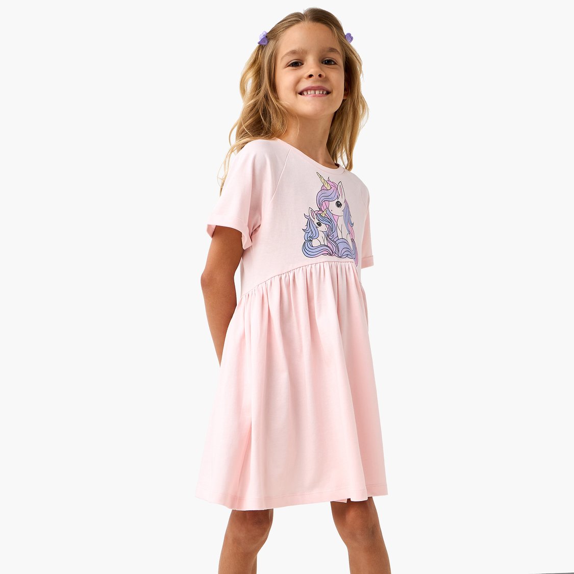Juniors Unicorn Print A-Line Dress with Short Sleeves