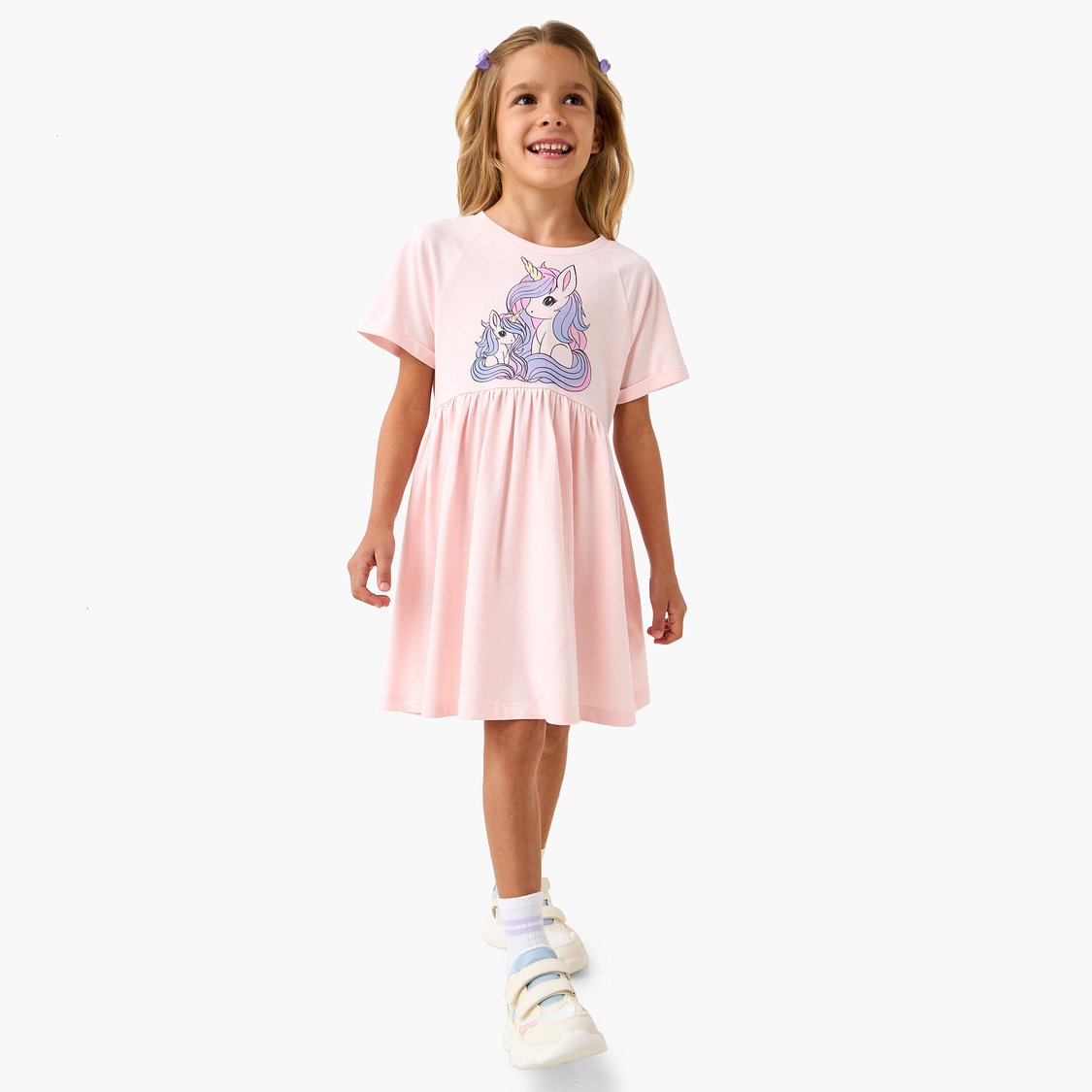 Juniors Unicorn Print A-Line Dress with Short Sleeves