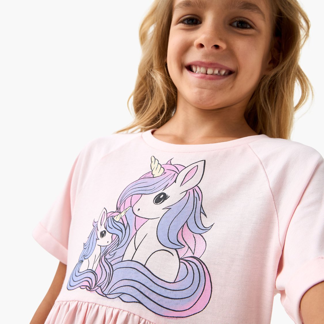Juniors Unicorn Print A-Line Dress with Short Sleeves