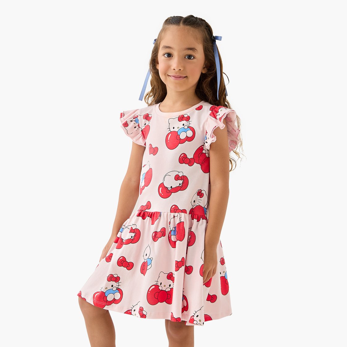 Hello Kitty Print A-Line Dress with Ruffle Sleeves