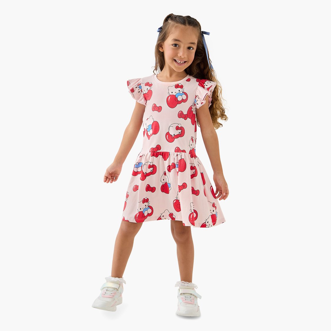 Hello Kitty Print A-Line Dress with Ruffle Sleeves