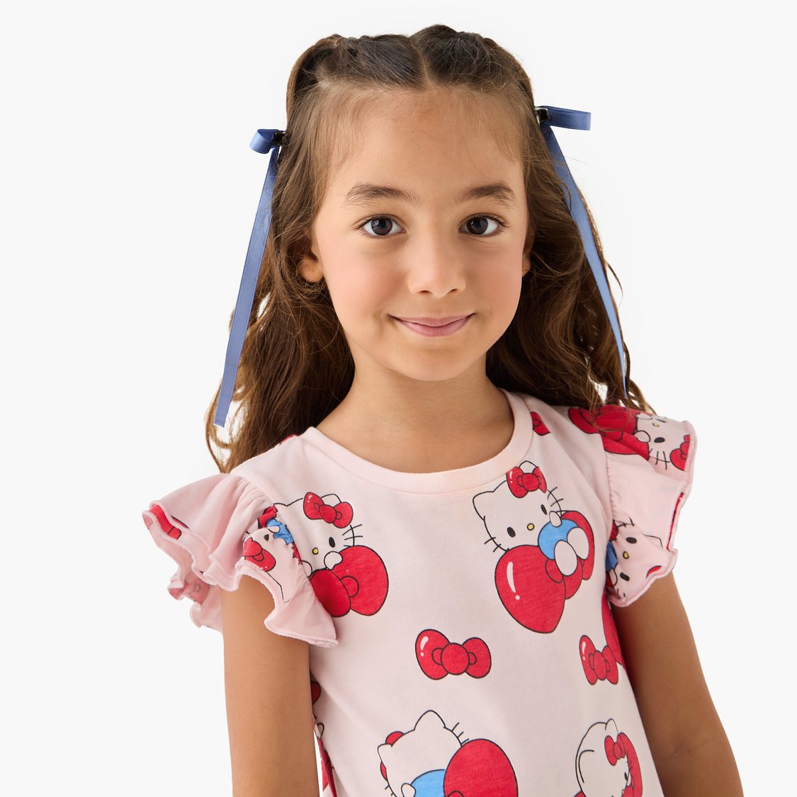 Hello Kitty Print A-Line Dress with Ruffle Sleeves