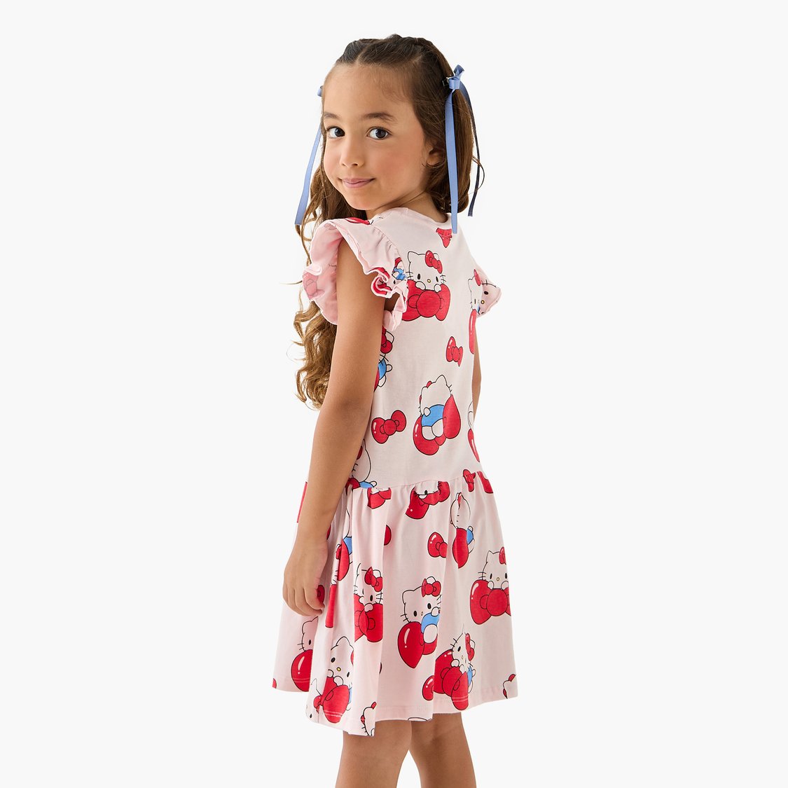 Hello Kitty Print A-Line Dress with Ruffle Sleeves