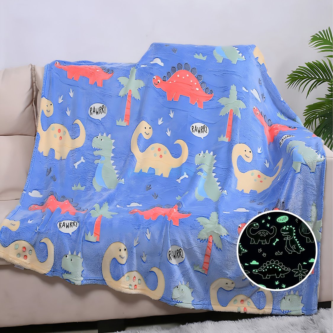Dinosaur Applique Glow in the Dark Blanket - 152x200 cm