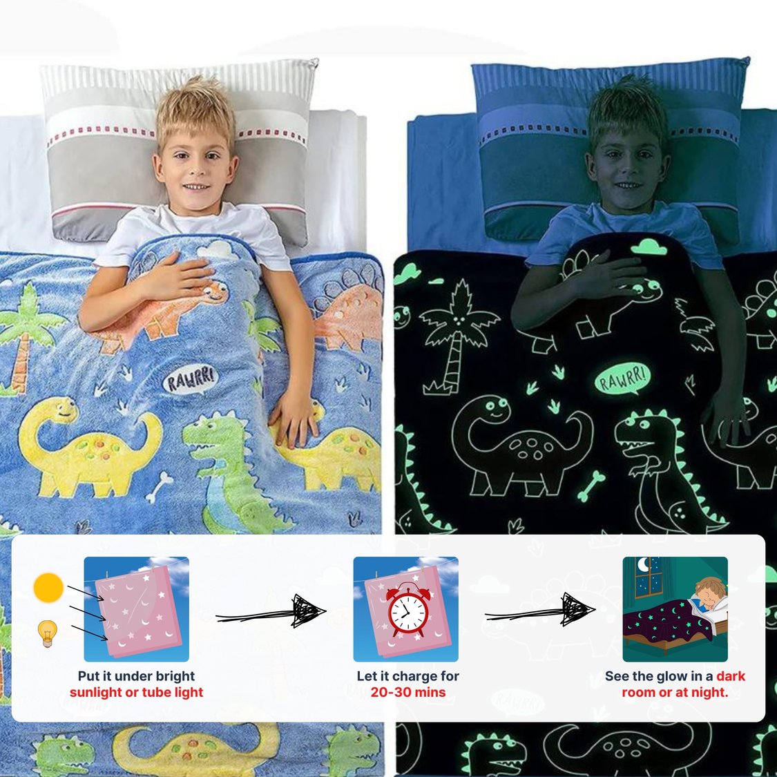 Dinosaur Applique Glow in the Dark Blanket - 152x200 cm