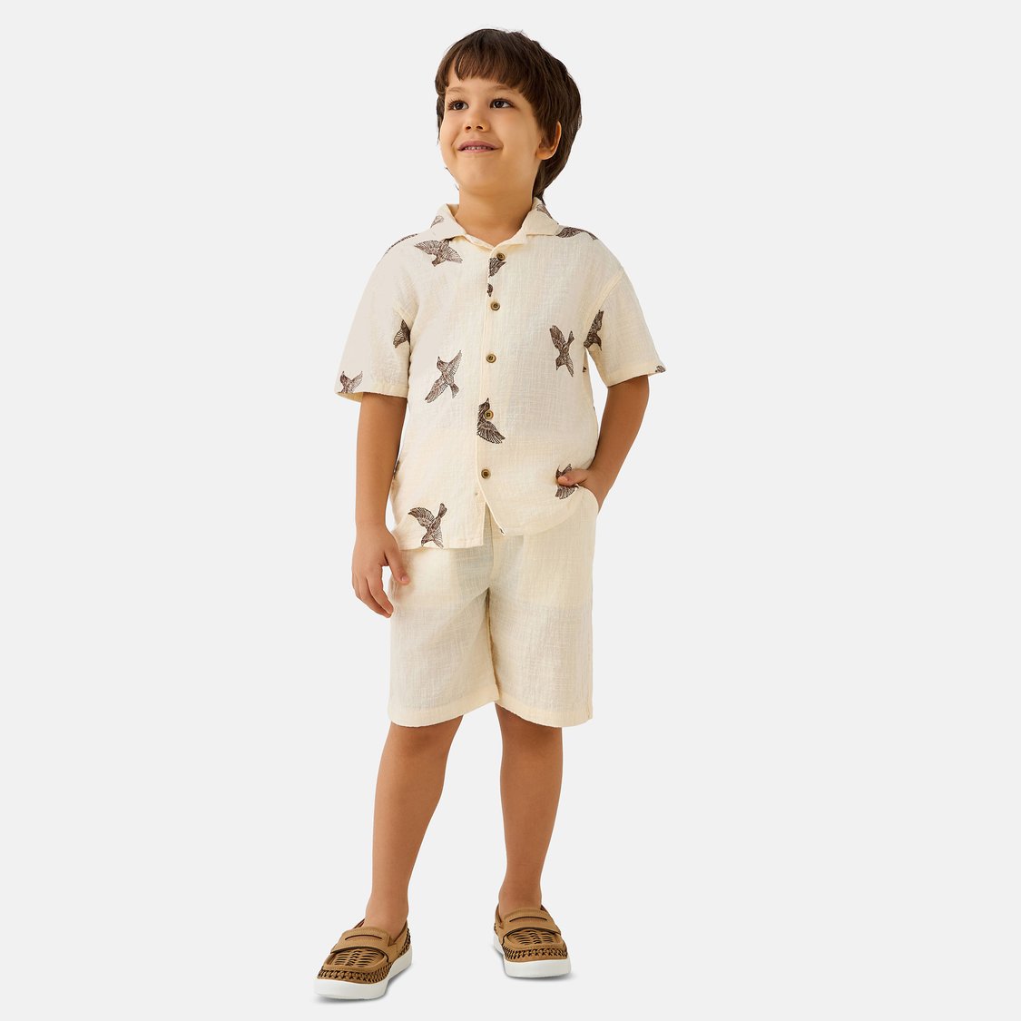 Juniors Bird Embroidered Collared Neck Shirt and Shorts Set
