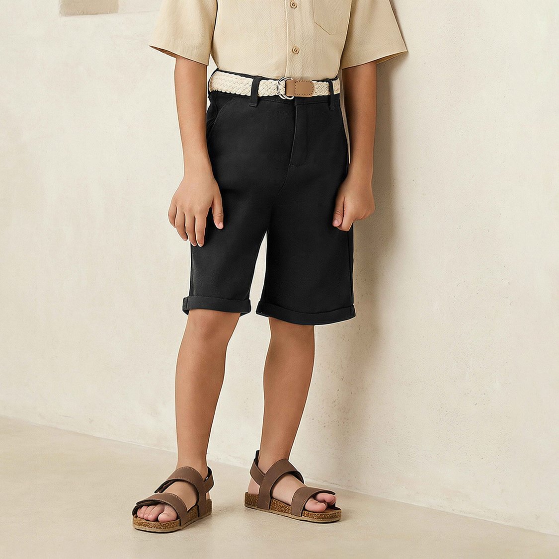 Juniors Buttoned Waist Solid Shorts with Belt