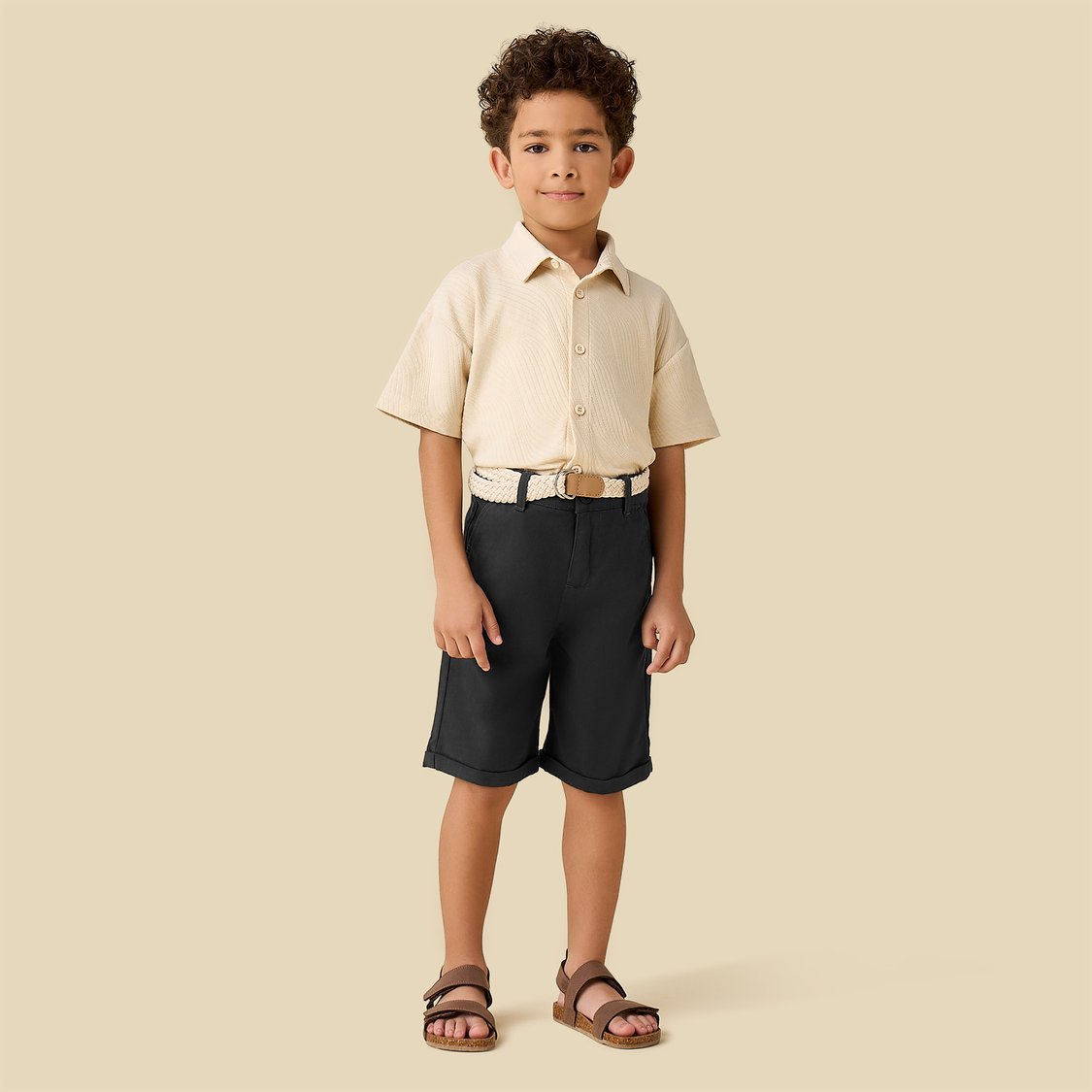 Juniors Buttoned Waist Solid Shorts with Belt