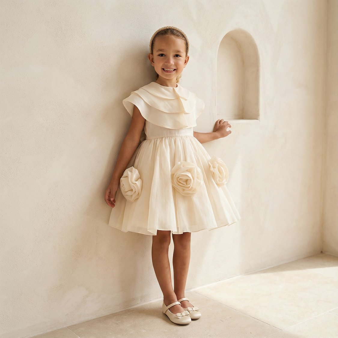 Juniors Floral Applique Dress with Cape
