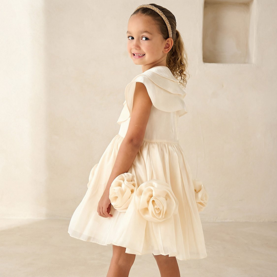 Juniors Floral Applique Dress with Cape