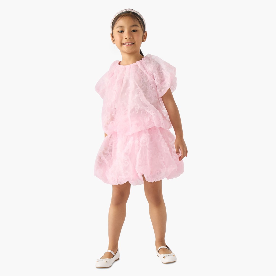 Juniors Floral Textured Balloon Top and Skirt Set
