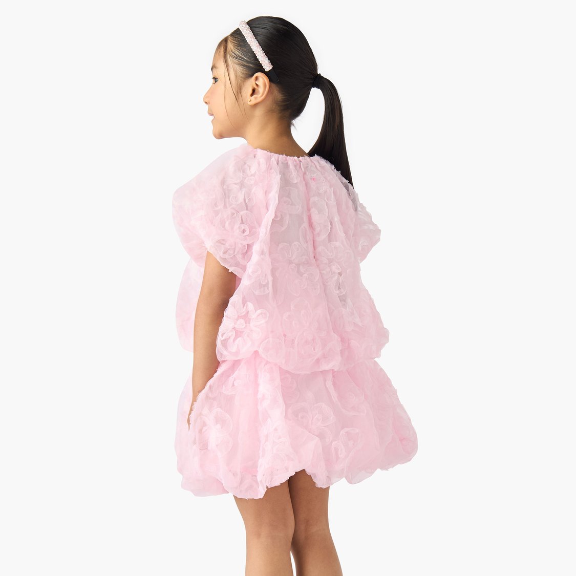 Juniors Floral Textured Balloon Top and Skirt Set
