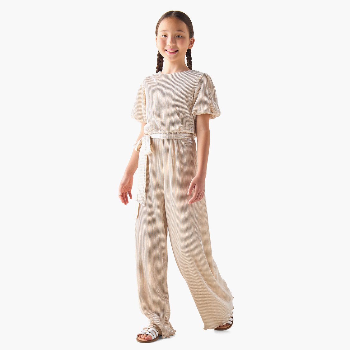 Juniors Pleated Jumpsuit with Puff Sleeves