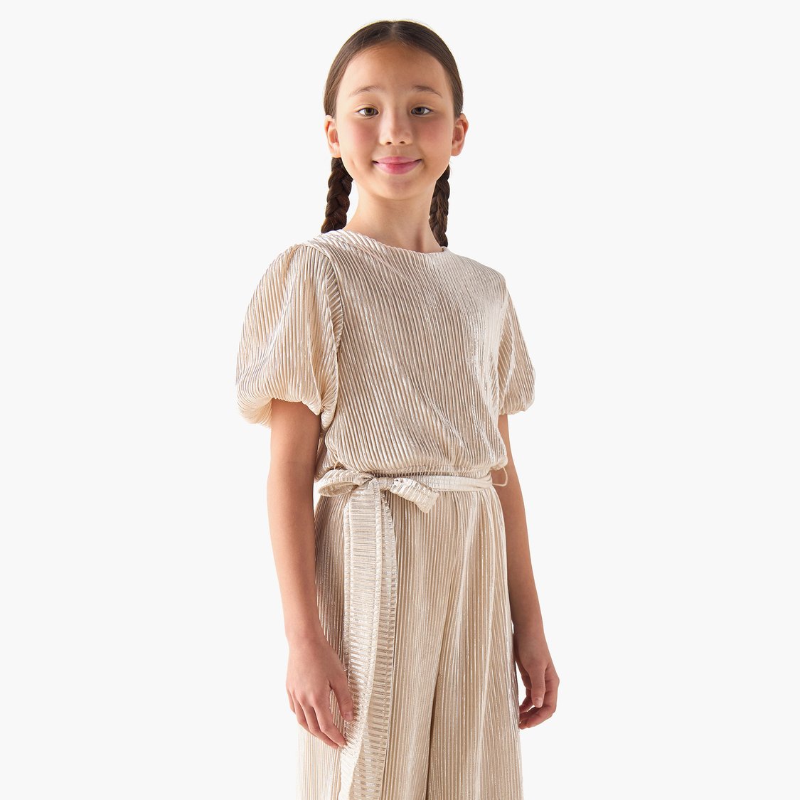Juniors Pleated Jumpsuit with Puff Sleeves