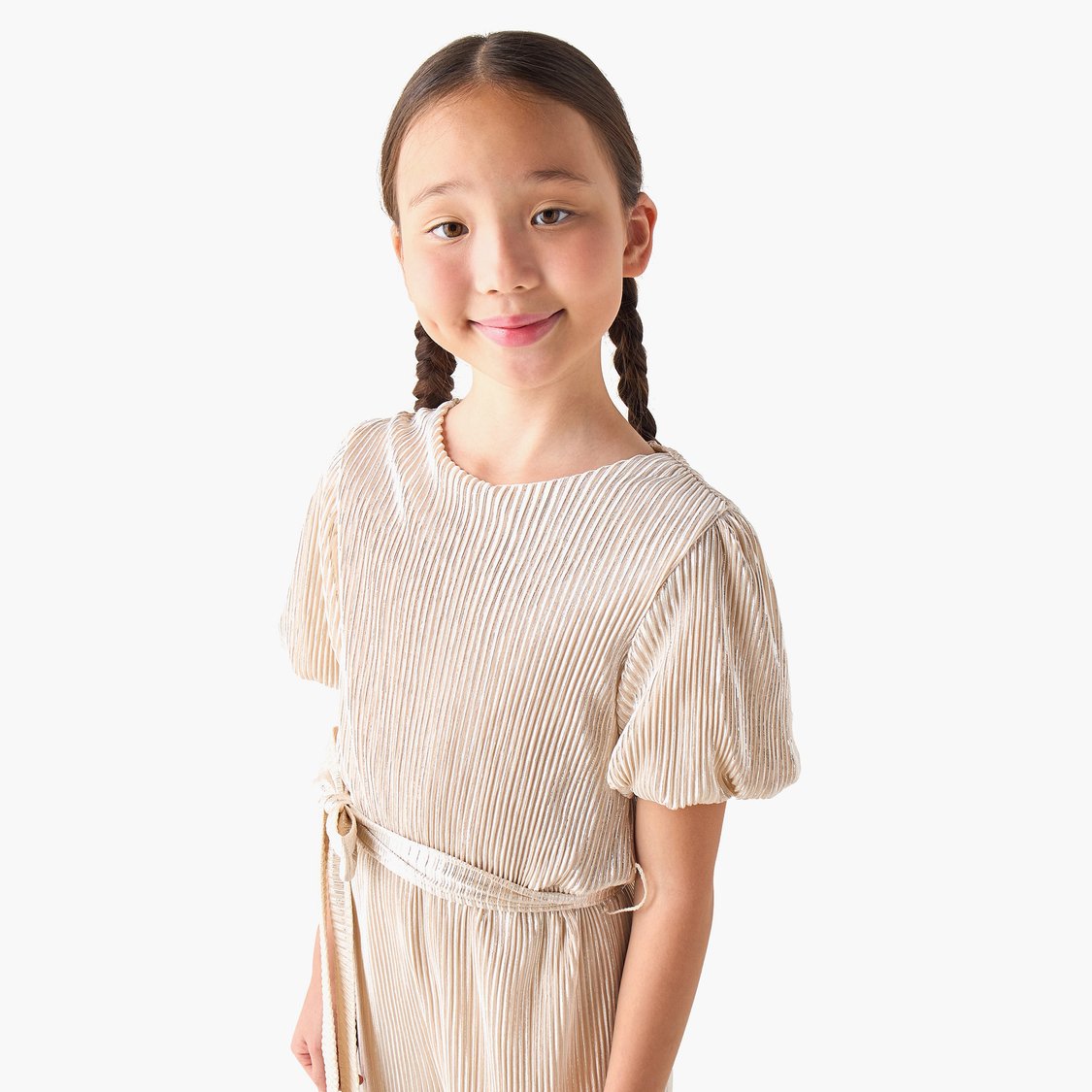 Juniors Pleated Jumpsuit with Puff Sleeves
