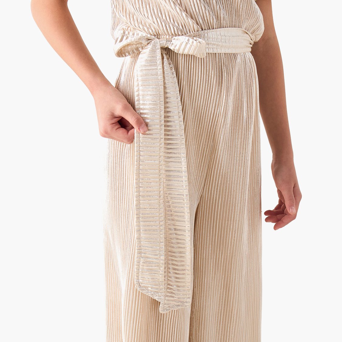 Juniors Pleated Jumpsuit with Puff Sleeves