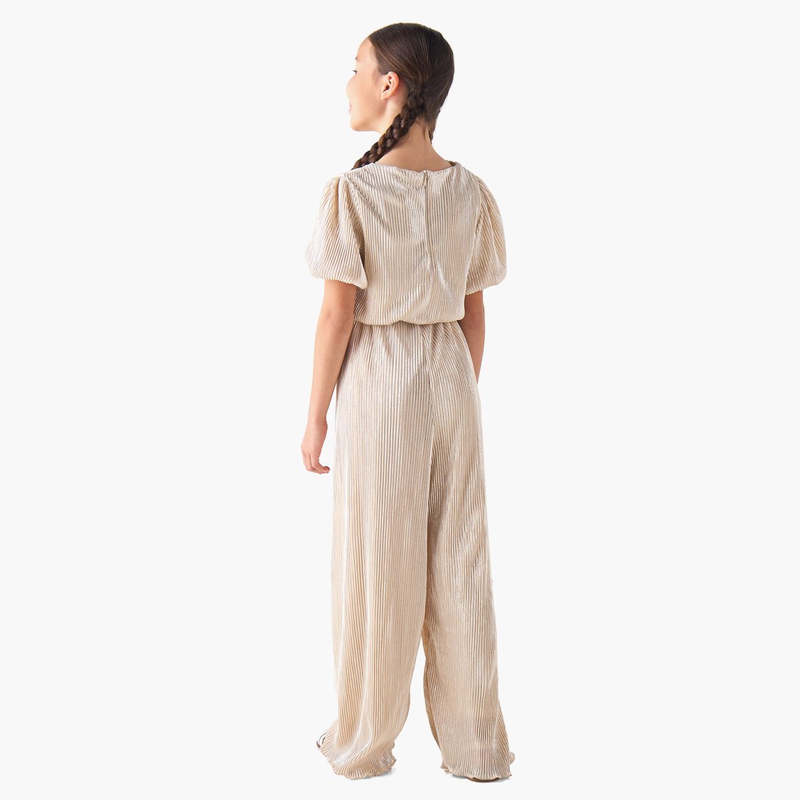 Juniors Pleated Jumpsuit with Puff Sleeves