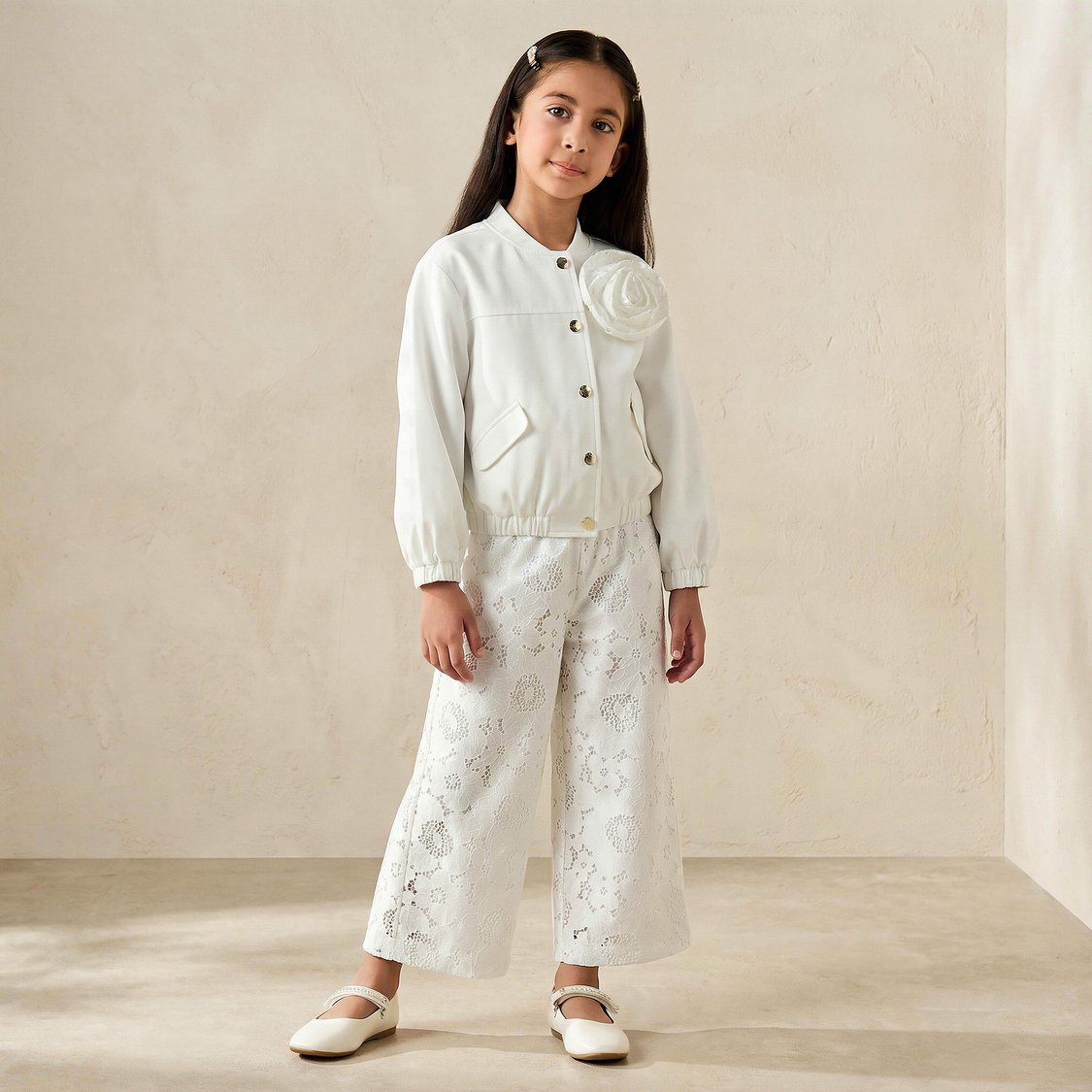 Juniors Flower Applique Jacket and Pants Set with Lace Detail