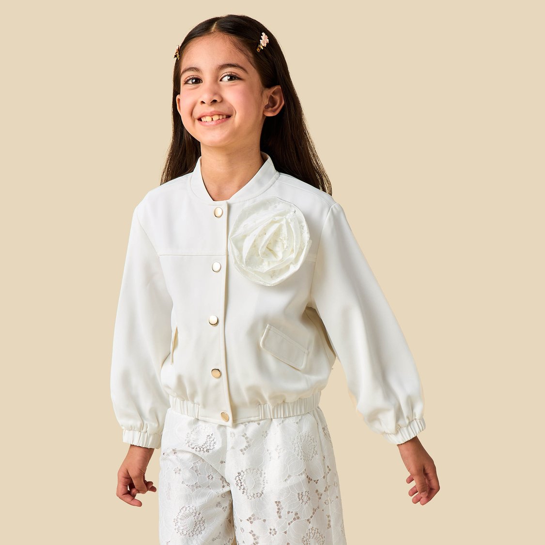 Juniors Flower Applique Jacket and Pants Set with Lace Detail