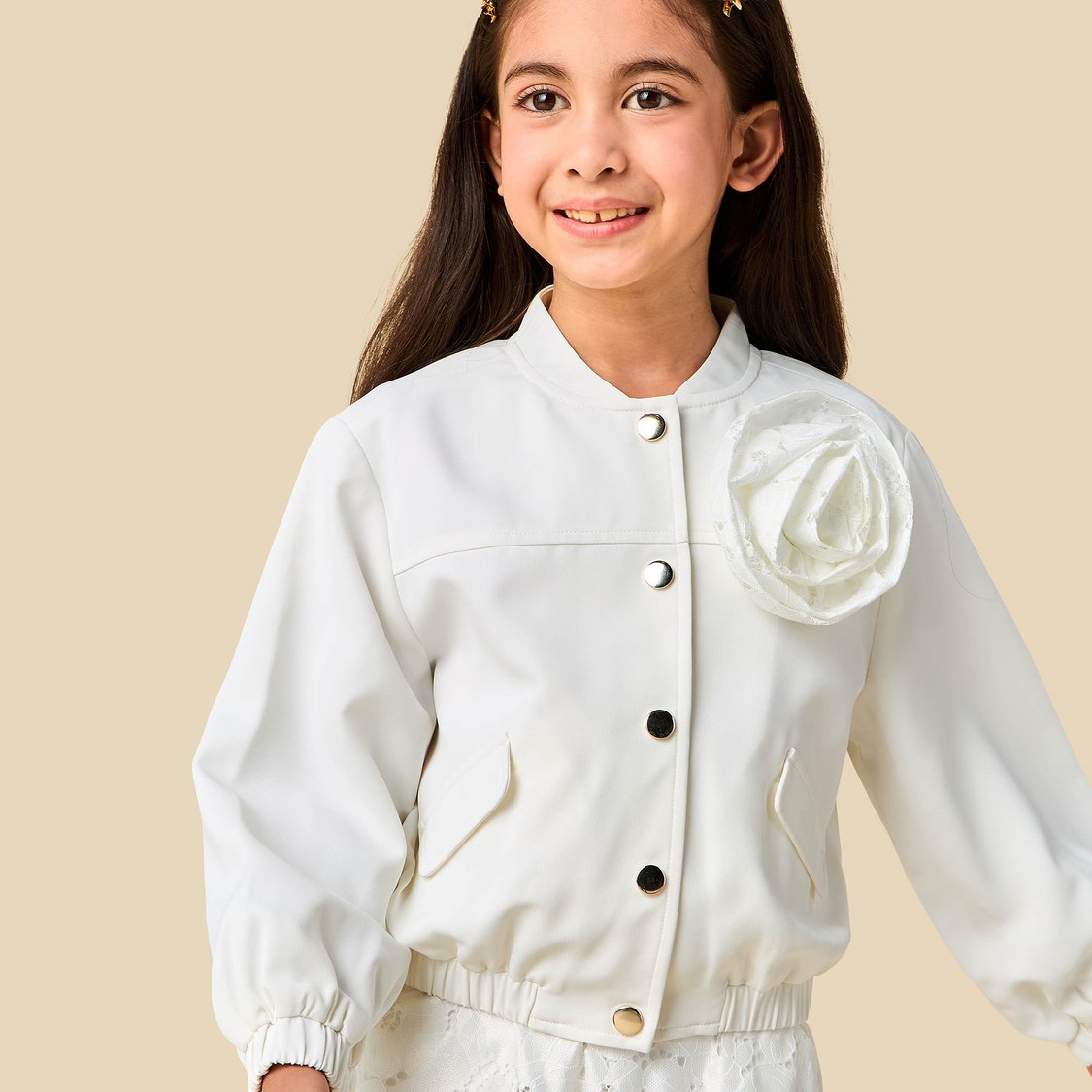 Juniors Flower Applique Jacket and Pants Set with Lace Detail