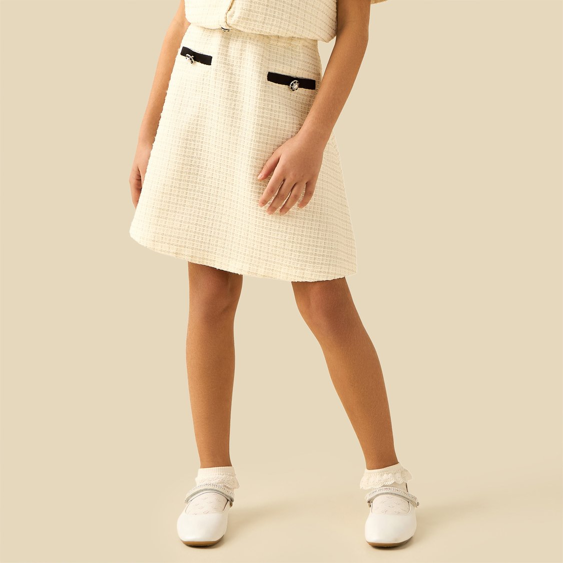 Juniors Tweed Blouse with Embellished Buttons
