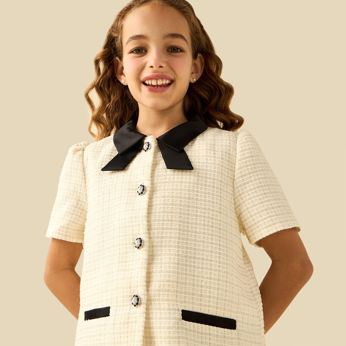 Juniors Tweed Blouse with Embellished Buttons