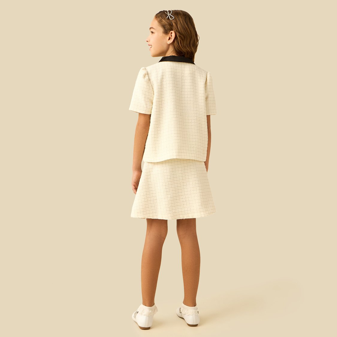 Juniors Tweed Blouse with Embellished Buttons