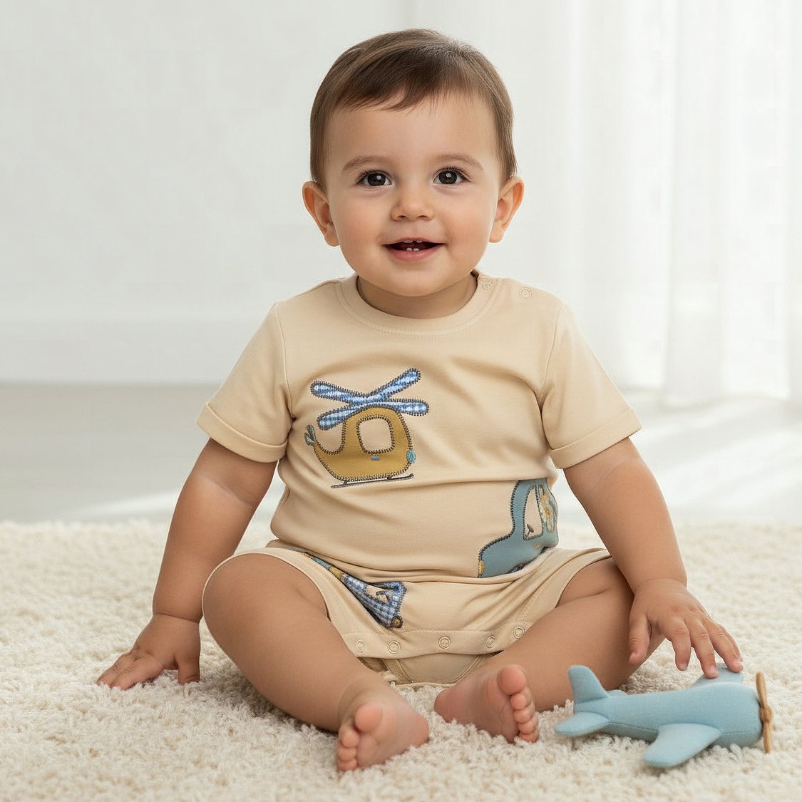 Juniors Vehicle Embroidered Romper with Button Closure