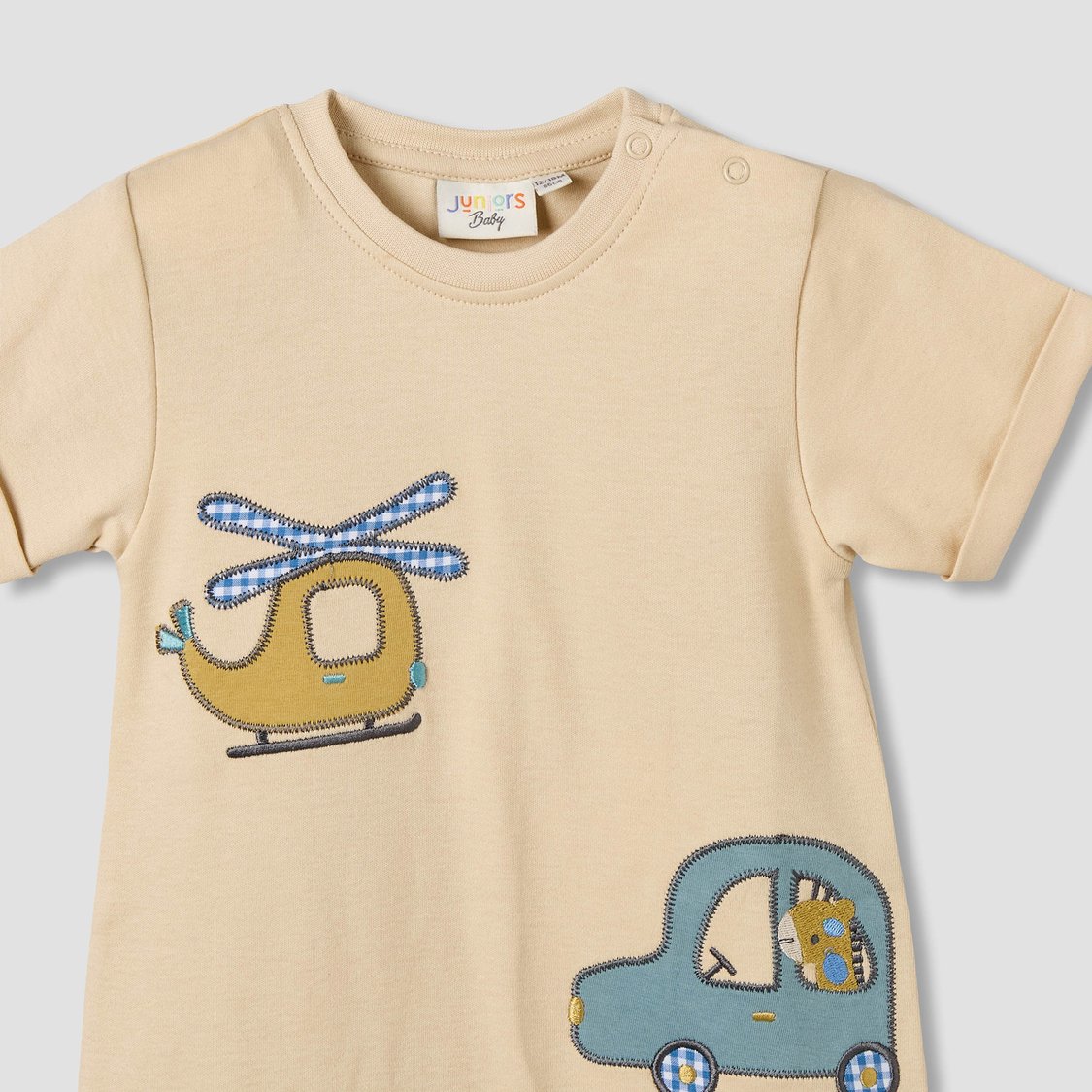 Juniors Vehicle Embroidered Romper with Button Closure