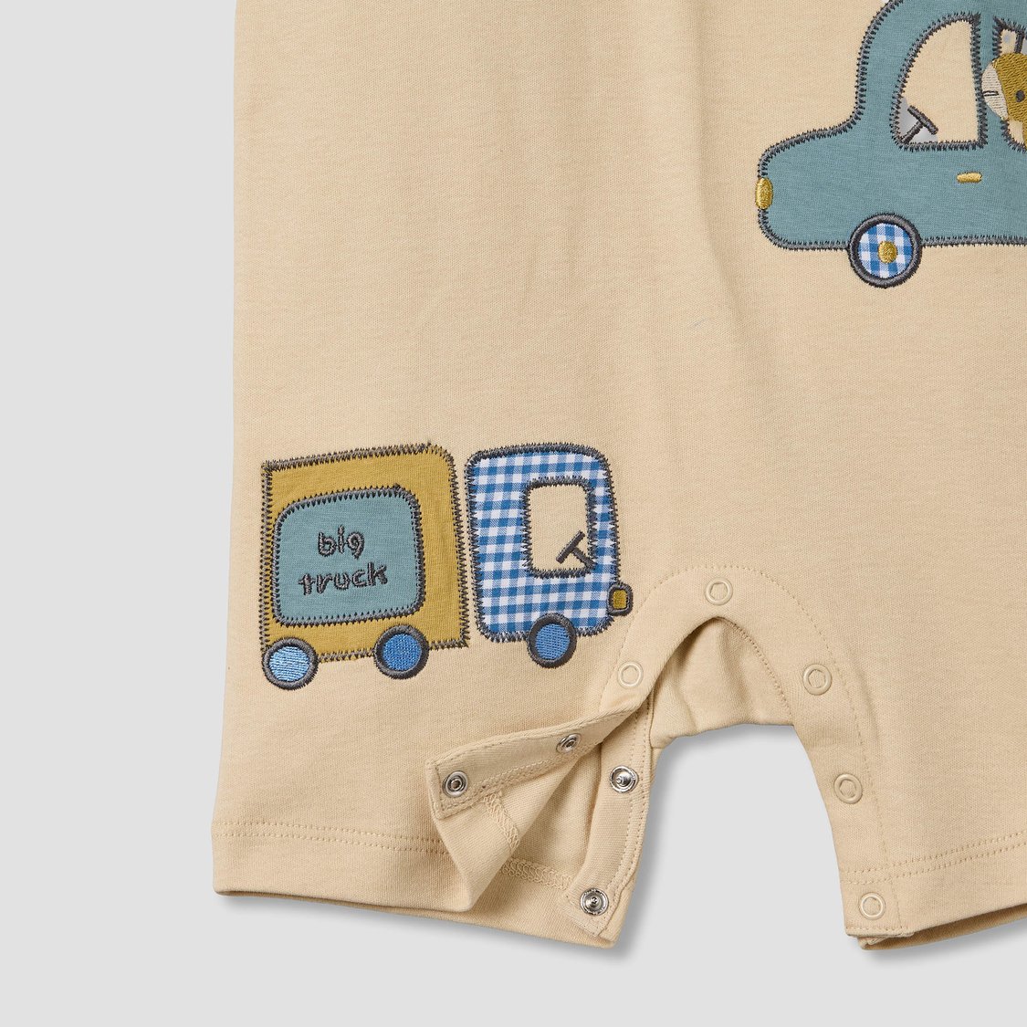 Juniors Vehicle Embroidered Romper with Button Closure