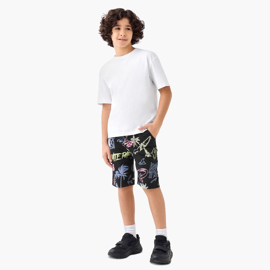 Juniors Graphic Print Shorts with Drawstring Waistband