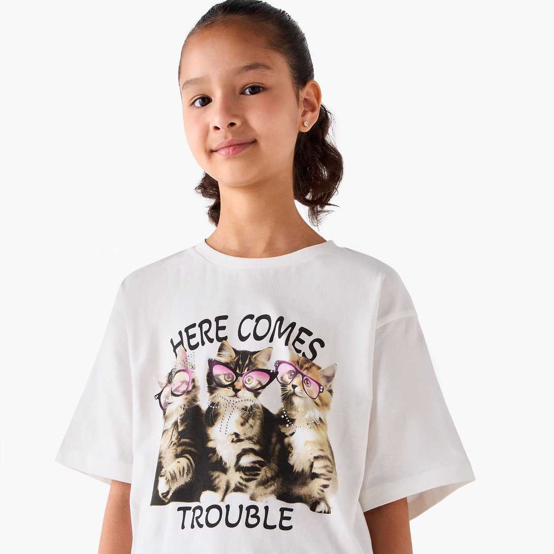 Juniors Cat Print T-shirt