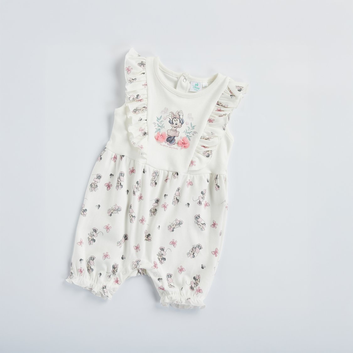 Minnie Mouse Print Romper with Button Closure