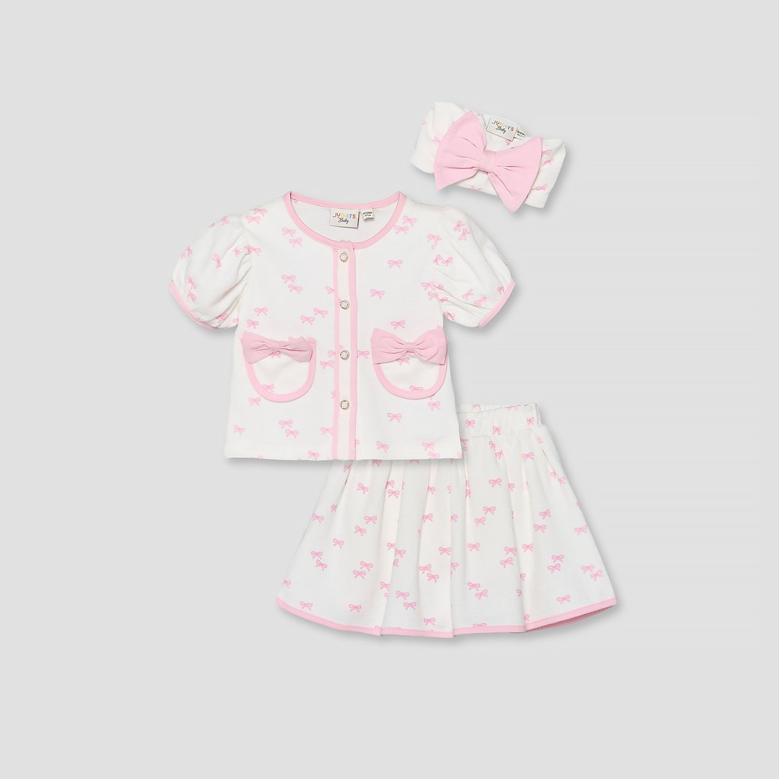 Juniors Bow Print Top and Skirt Set with Headband