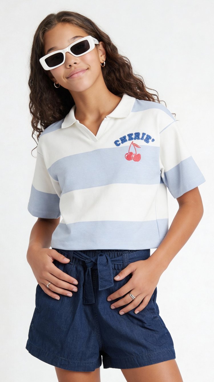 Buy Girls Striped Johnny Collar T-shirt Online at just Rs. 599.0