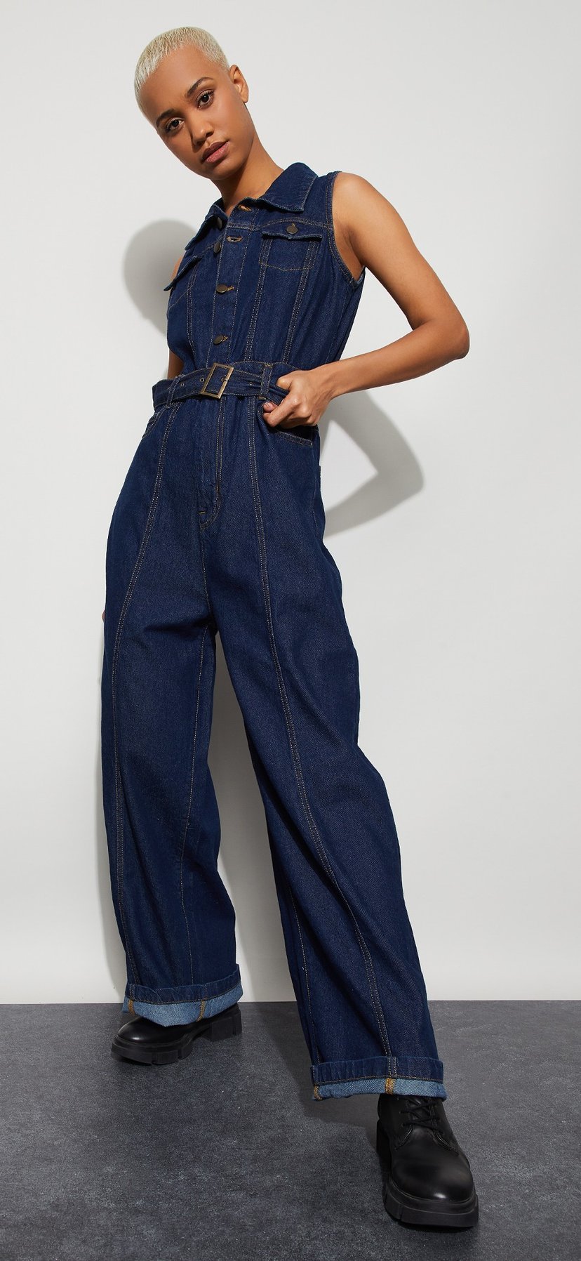 Buy GINGER Washed Denim Belted Jumpsuit from Ginger at just INR 1699.0