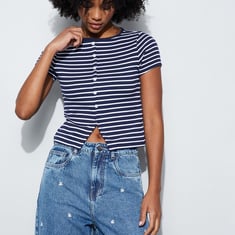Buy GINGER Striped Knit Top with Notched Hem from Ginger at just